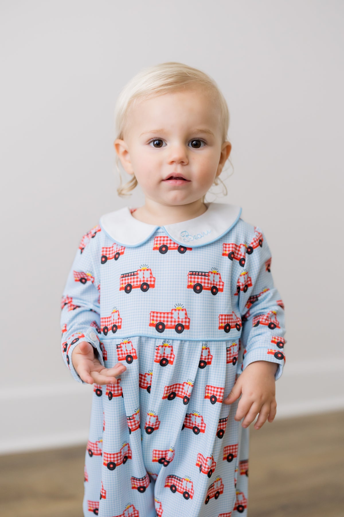 PRE ORDER Boys Here Comes the Firetruck Long Romper | ETA to LBS: DECEMBER
