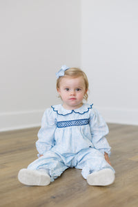 PRE ORDER Girls Smocked Blue Toile Long Romper | ETA to LBS: DECEMBER