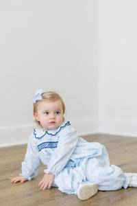 PRE ORDER Girls Smocked Blue Toile Long Romper | ETA to LBS: DECEMBER