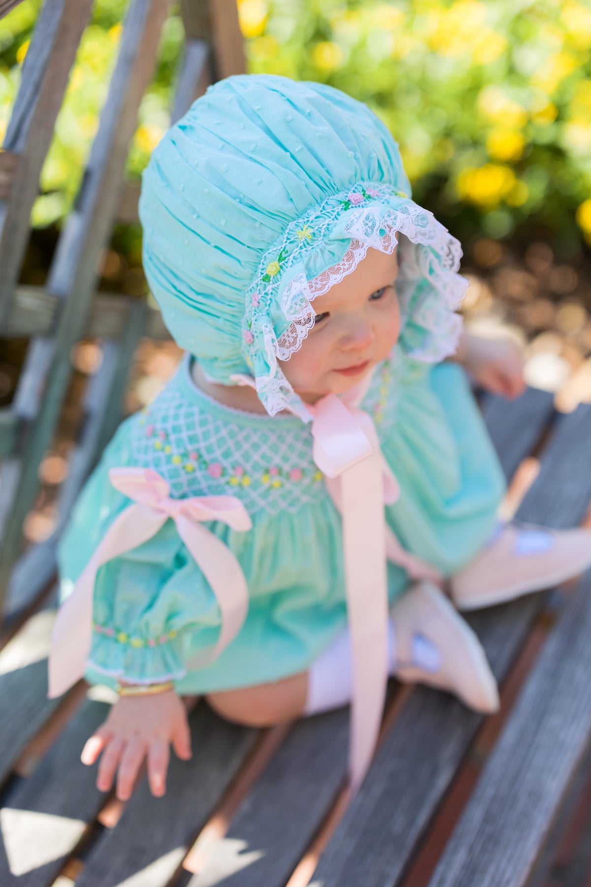 PRE ORDER Girls Smocked Mint Heirloom Garden Keepsake Bonnet | ETA to LBS : FEBRUARY