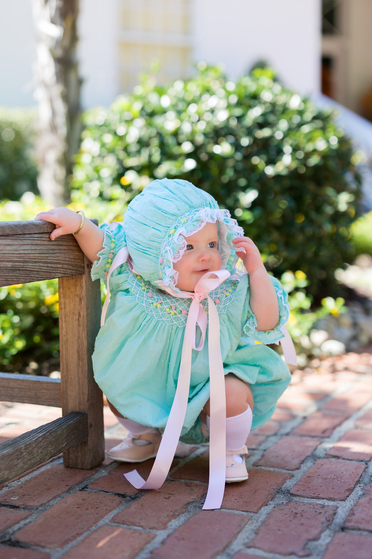 PRE ORDER Girls Smocked Mint Heirloom Garden Keepsake Bonnet | ETA to LBS : FEBRUARY