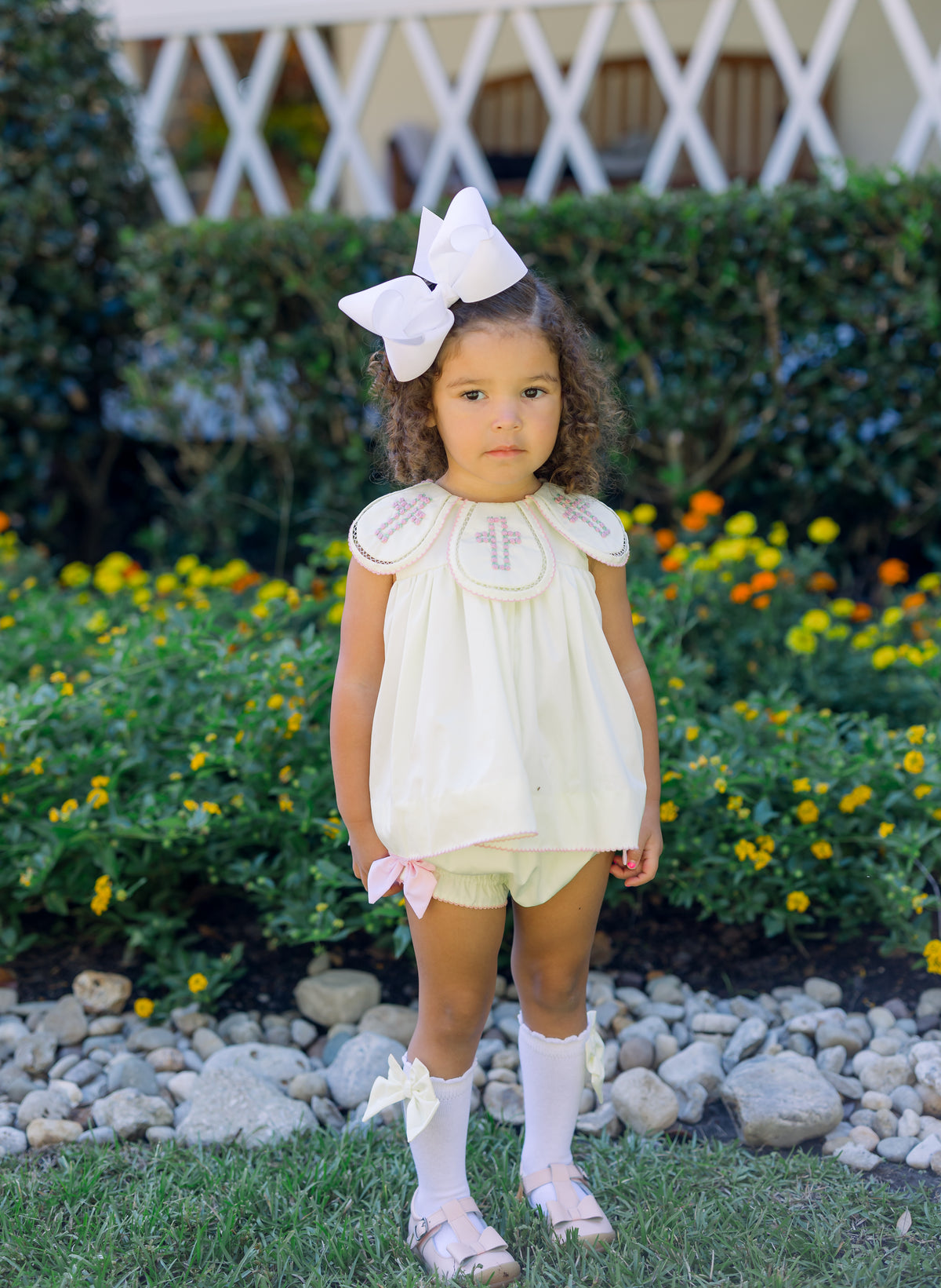 PRE ORDER Girls Bullion Stitch Rosette Crosses Bloomer Set & Dress | ETA to LBS: FEBRUARY